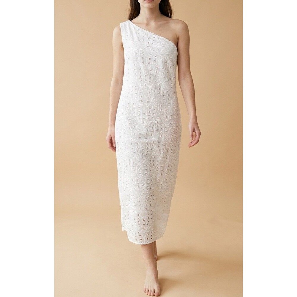 ZARA White Embroidered Cutwork Asymmetric One Shoulder Midi Dress Large 4877/012